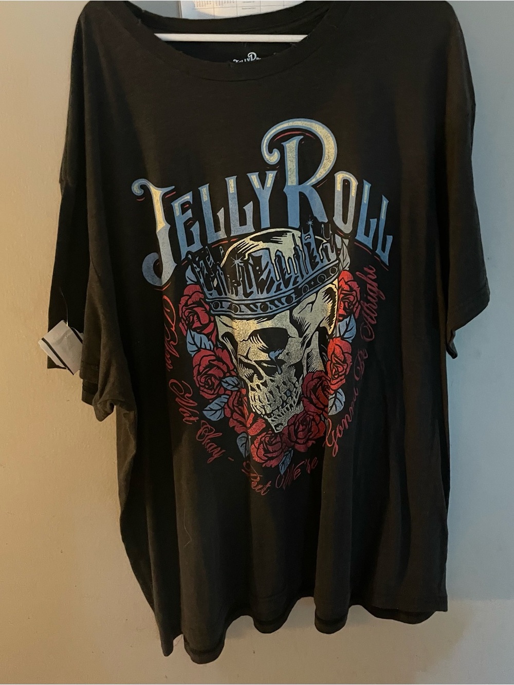 Hanes Black Graphic Tee with Skull, Red Rose and Blue Lettering